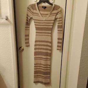 Lulu's Beige and Cream Striped Long Sleeve Dress